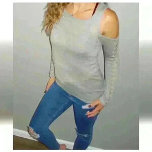 Pink Republic Gray Cold Shoulder Knit Sweater Shirt Top Size XS